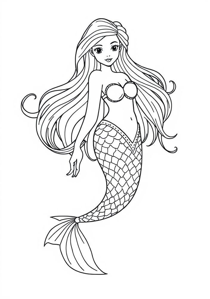 Desenho de Sereia com Cabelos Longos para colorir