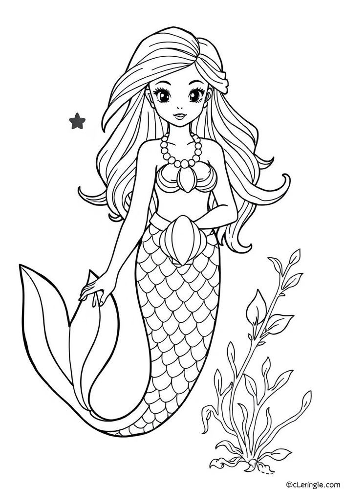 Desenho de Sereia com Colar de Conchas para colorir