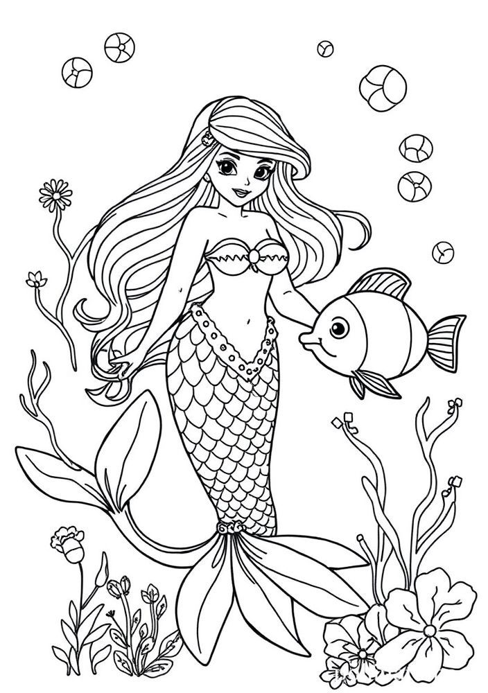 Desenho de Sereia com Peixes para colorir