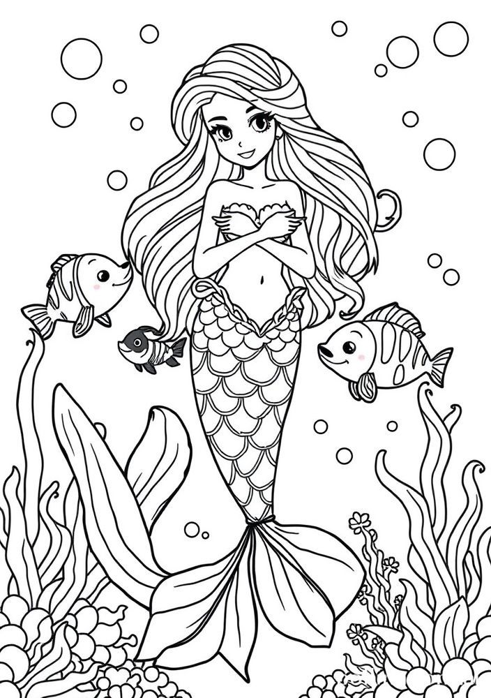 Desenho de Sereia com amigos do mar para colorir