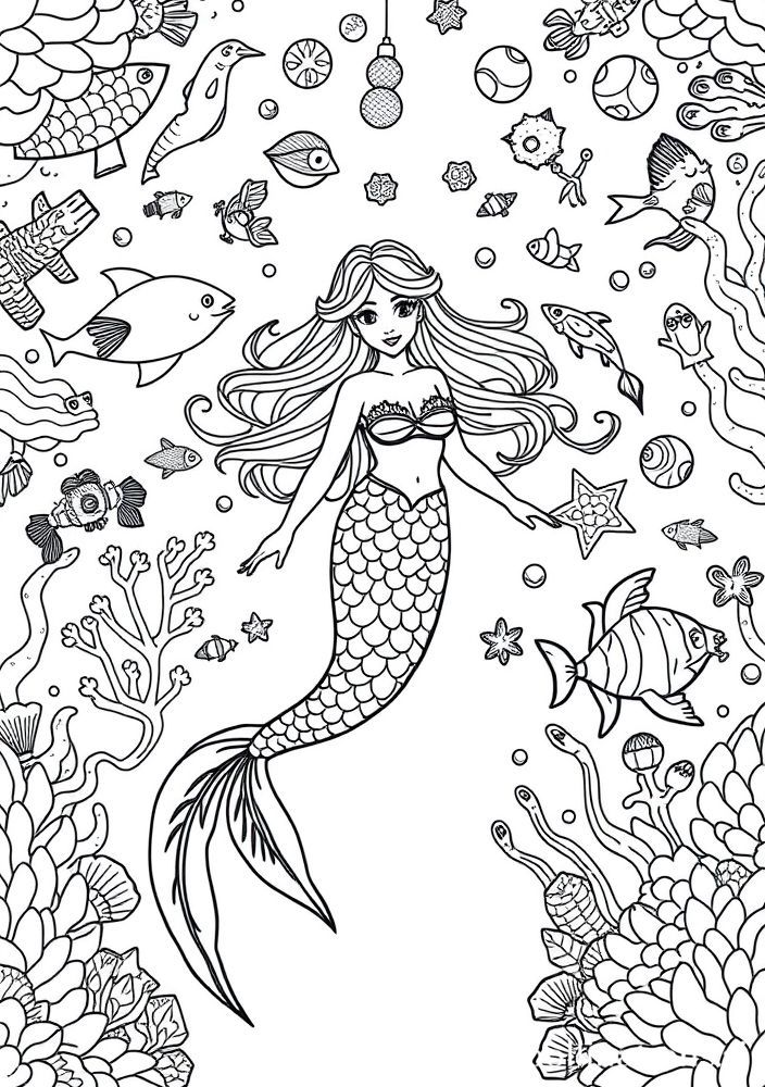 Desenho de Sereia com animais marinhos para colorir