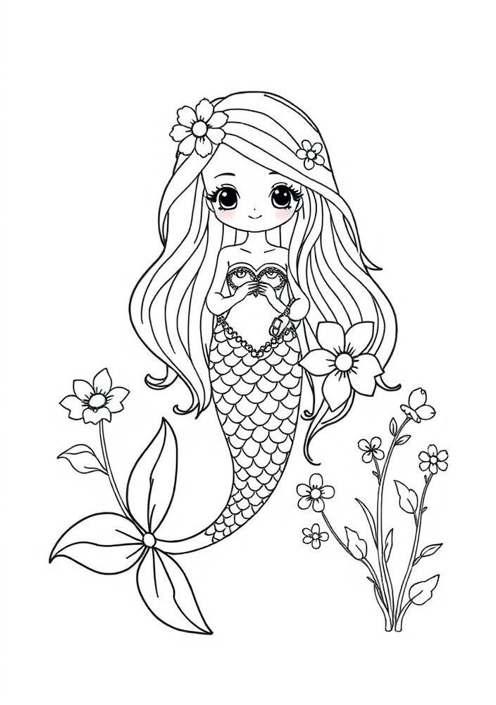 Desenho de Sereia com cabelo longo e flores para colorir