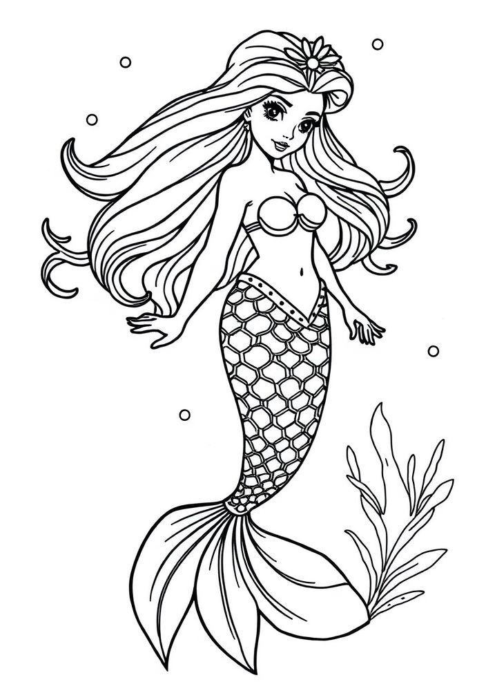 Desenho de Sereia com cauda brilhante para colorir