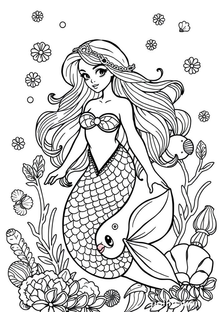 Desenho de Sereia com conchas para colorir