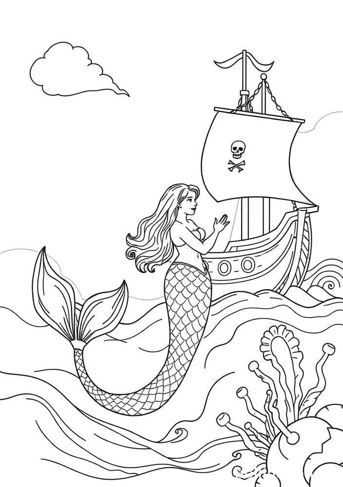 Desenho de Sereia com um barco pirata para colorir