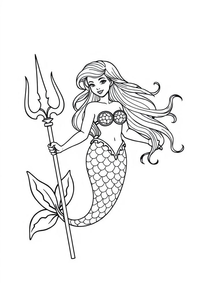 Desenho de Sereia com um tridente para colorir