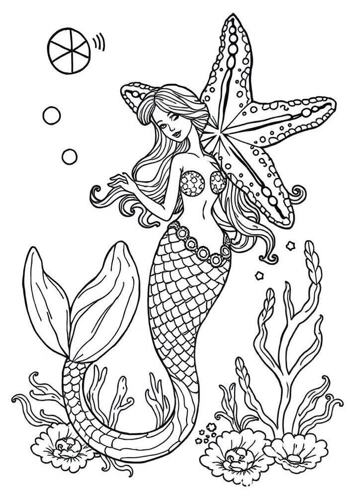 Desenho de Sereia com uma estrela do mar gigante para colorir