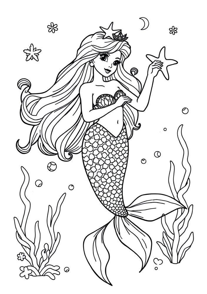 Desenho de Sereia dançando com estrelas do mar para colorir