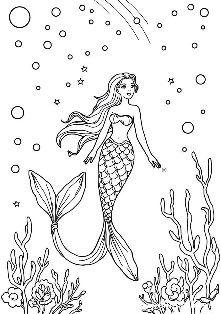 Desenho de Sereia e Arcos-Íris Subaquáticos para colorir