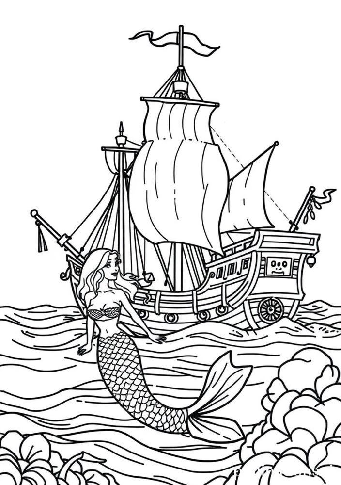 Desenho de Sereia e Barco Pirata para colorir