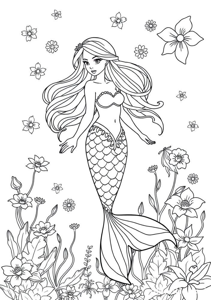 Desenho de Sereia e Flores do Mar para colorir