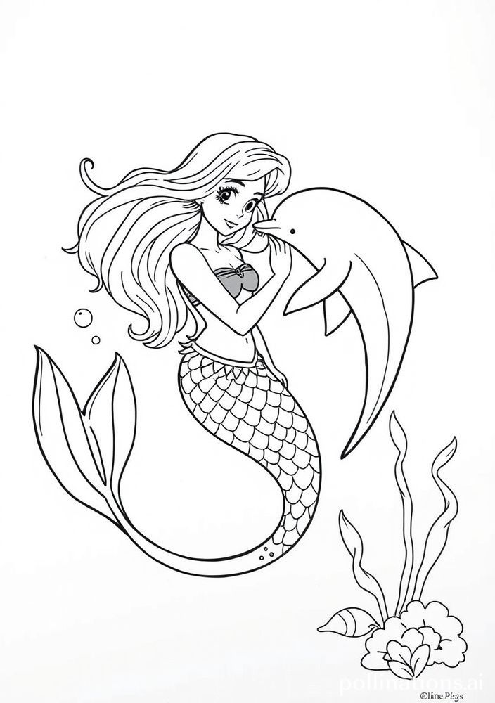 Desenho de Sereia e Golfinho para colorir