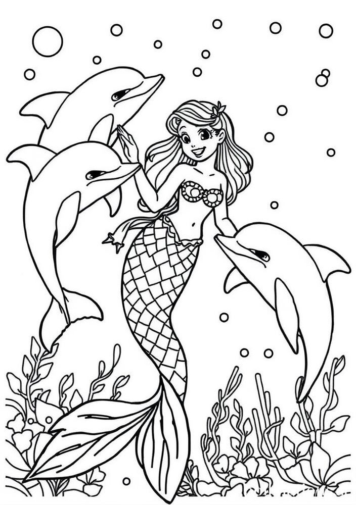 Desenho de Sereia e Golfinhos para colorir