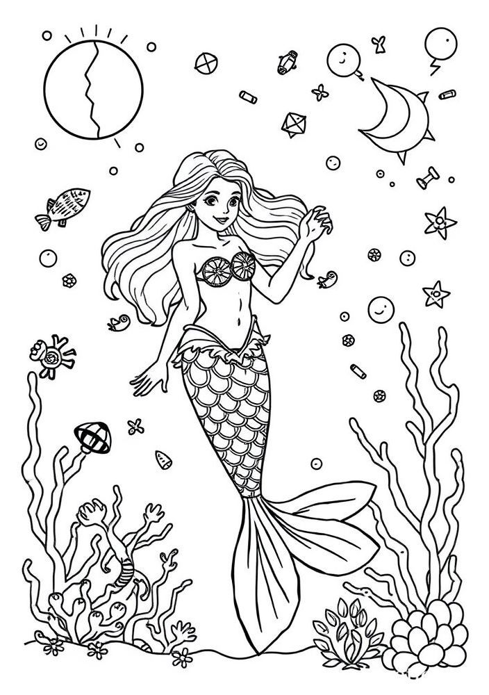 Desenho de Sereia e Mistérios do Oceano para colorir
