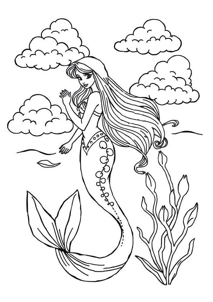 Desenho de Sereia e Nuvens de Água para colorir