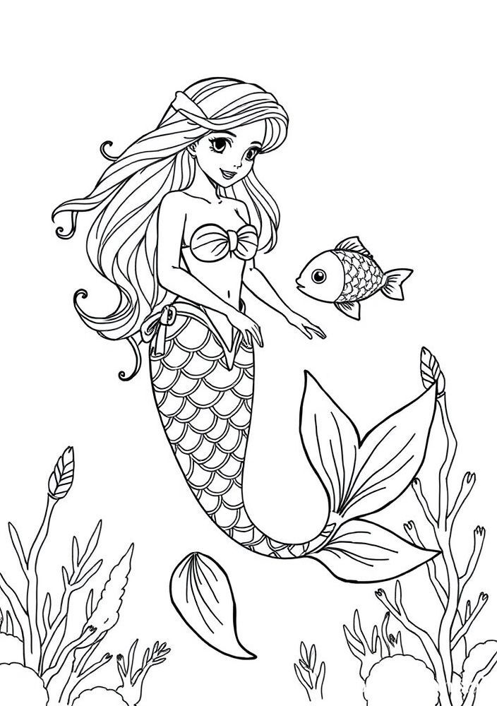 Desenho de Sereia e Peixes Dourados para colorir