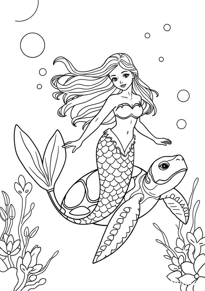Desenho de Sereia e Tartaruga para colorir