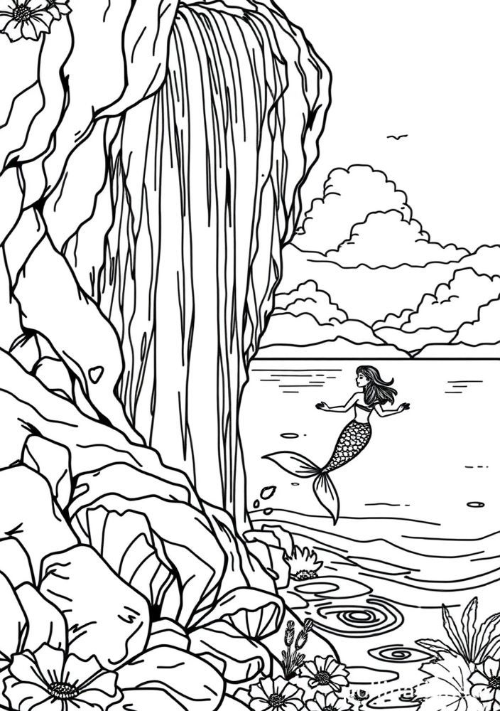 Desenho de Sereia e a Cascata Submarina para colorir