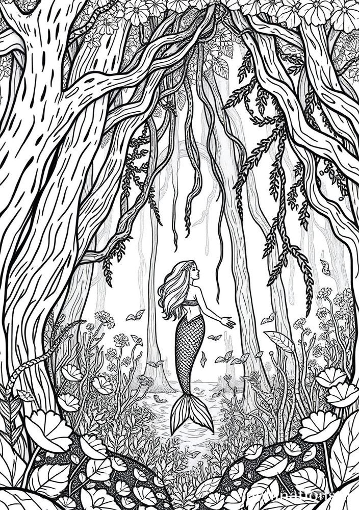 Desenho de Sereia e a Floresta Subaquática para colorir