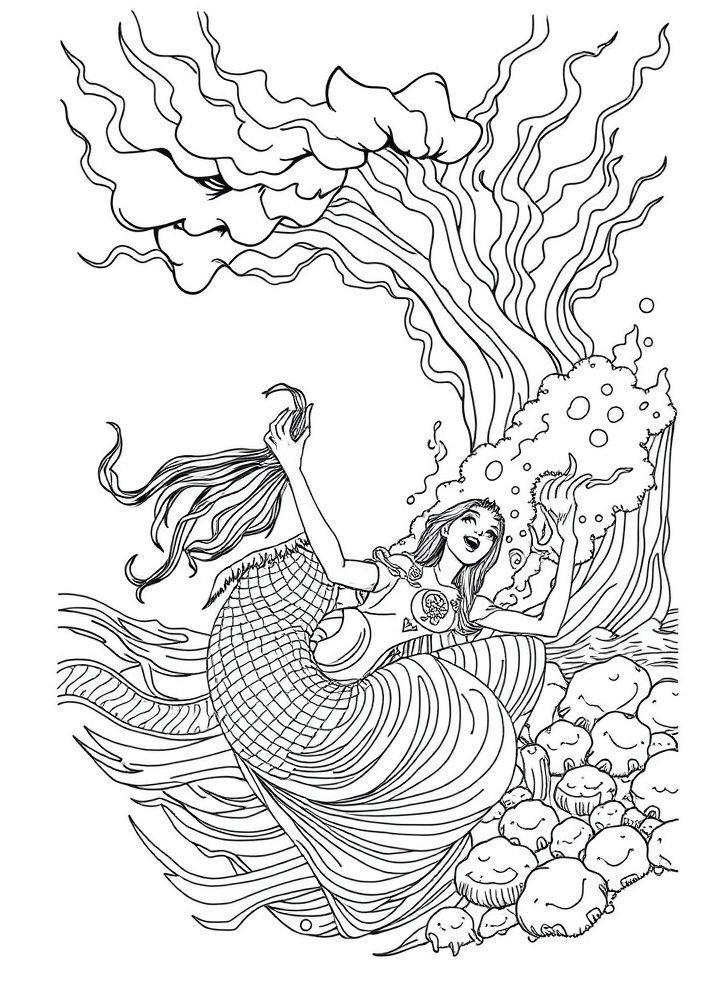 Desenho de Sereia e a Tempestade do Mar para colorir