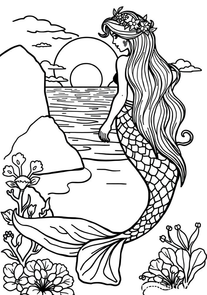 Desenho de Sereia e o Sol Nascente para colorir
