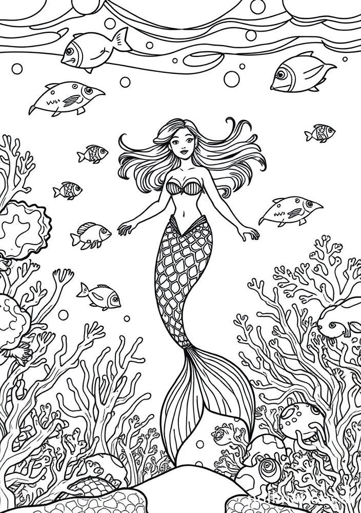 Desenho de Sereia em um Mundo Subaquático para colorir