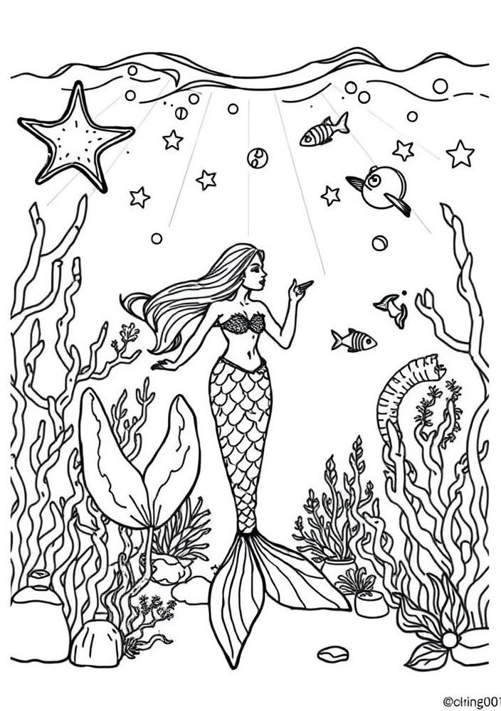 Desenho de Sereia em uma festa no fundo do mar para colorir