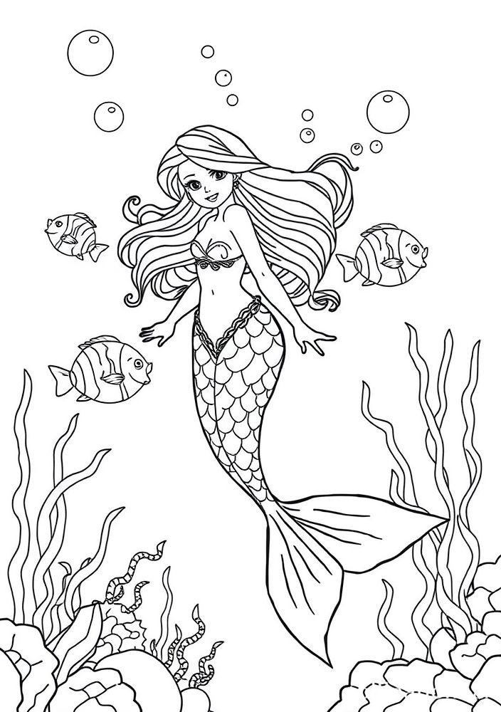 Desenho de Sereia nadando entre peixes para colorir