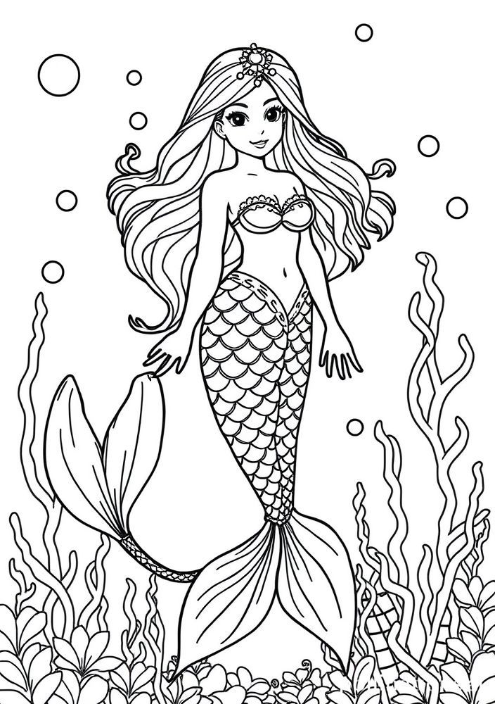 Desenho de Sereia no Oceano para Colorir