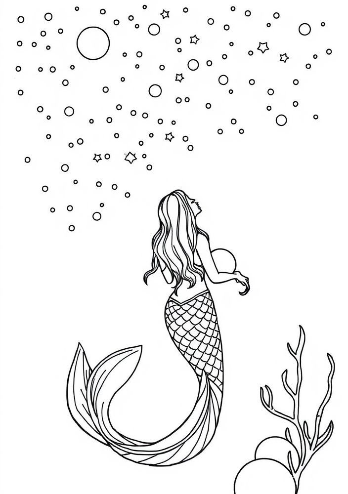 Desenho de Sereia olhando para o céu estrelado para colorir