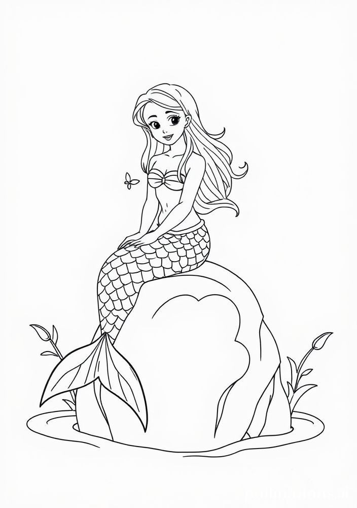 Desenho de Sereia sentada em uma pedra para colorir