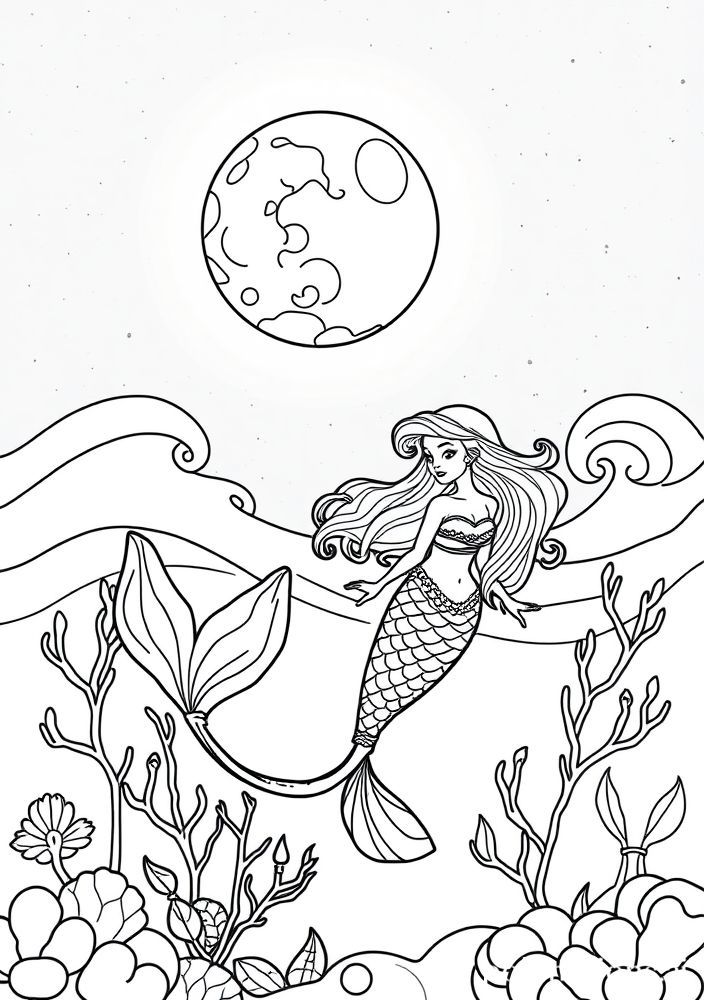 Desenho de Sereia sob a lua cheia para colorir