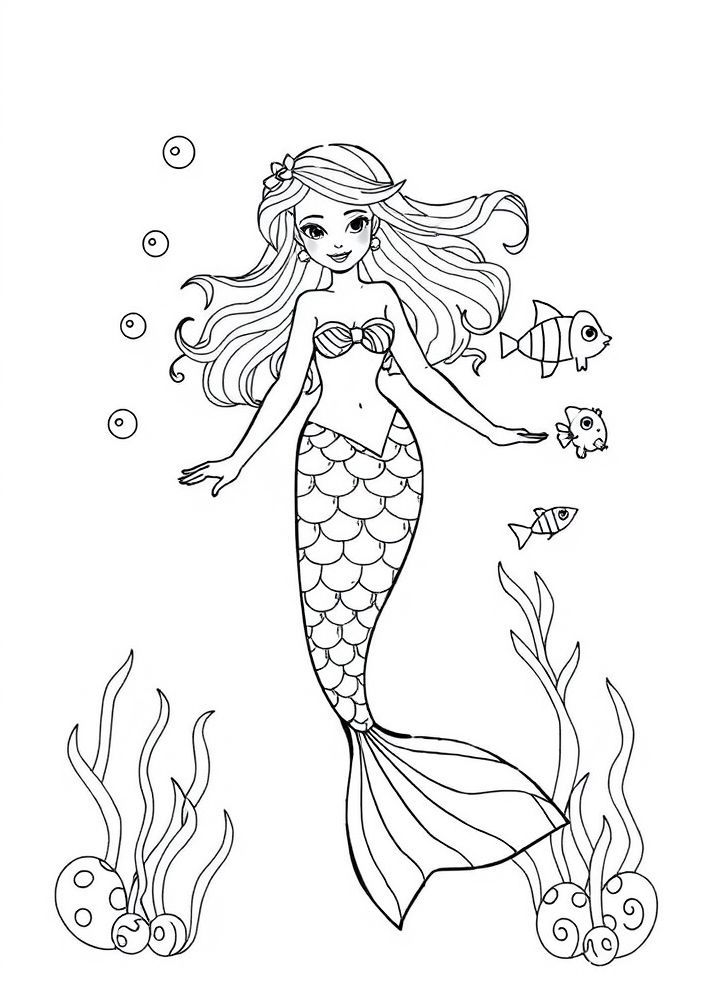 Desenho de Sereia sob o mar para colorir