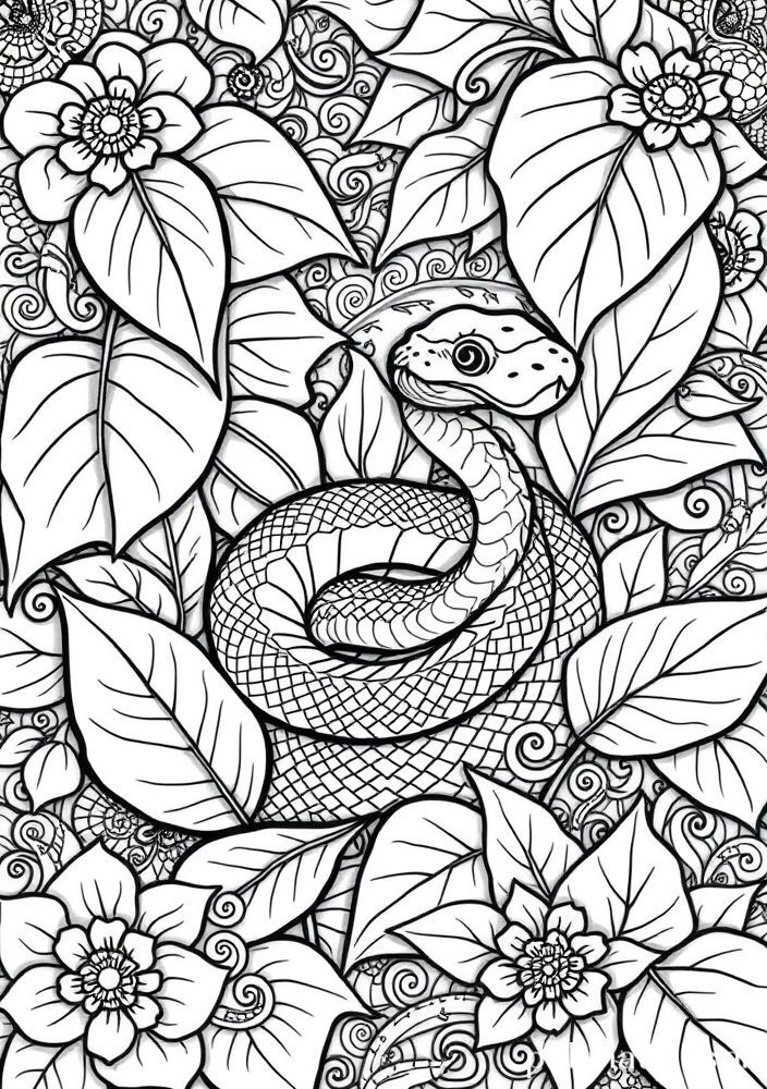 Desenho de Serpente entre Folhas para colorir