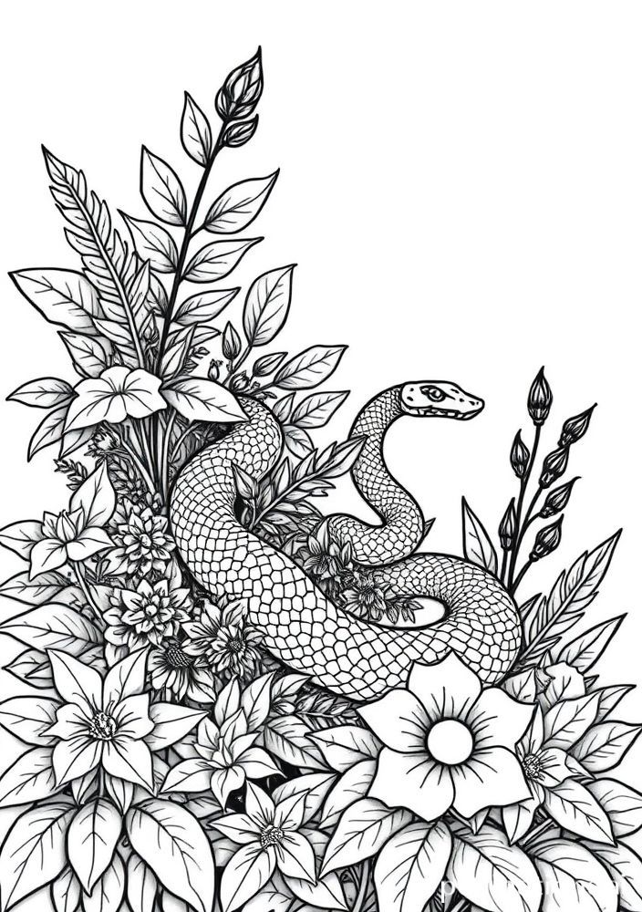 Desenho de Serpente entre Plantas para colorir
