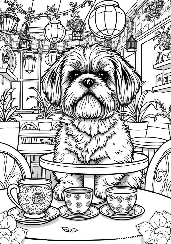 Desenho de Shih Tzu em um Café para colorir