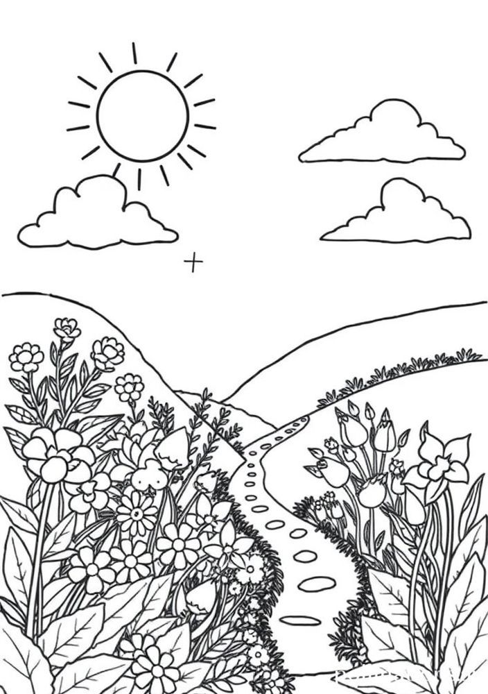 Desenho de Sol e Nuvens no Jardim para colorir