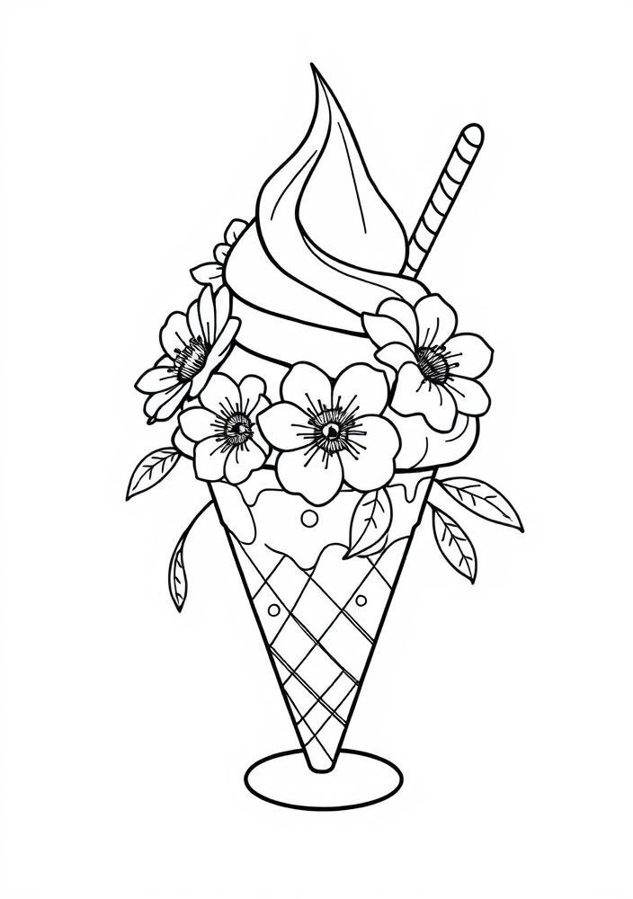 Desenho de Sorvete com Flores para Colorir
