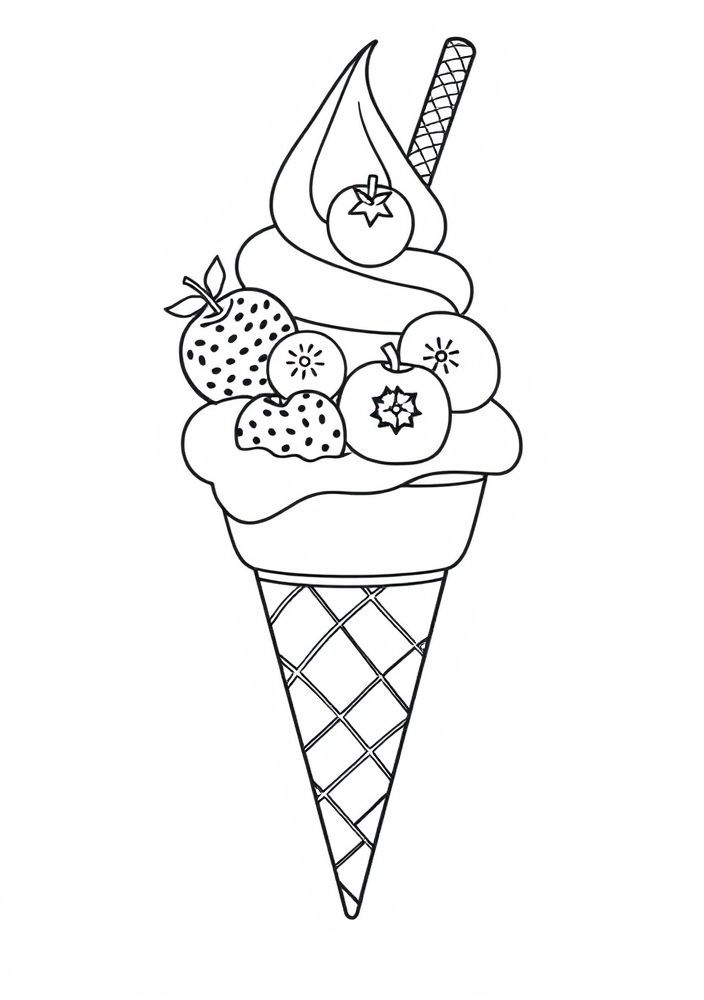 Desenho de Sorvete de Casquinha com Frutas para colorir