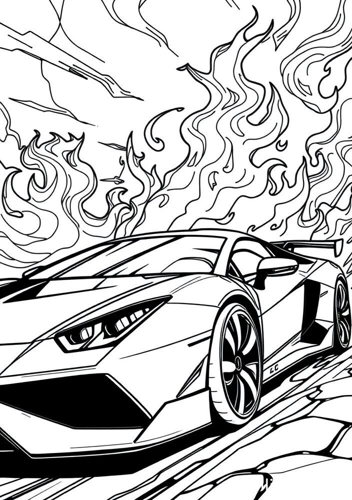 Desenho de Supercarro com Chamas para colorir