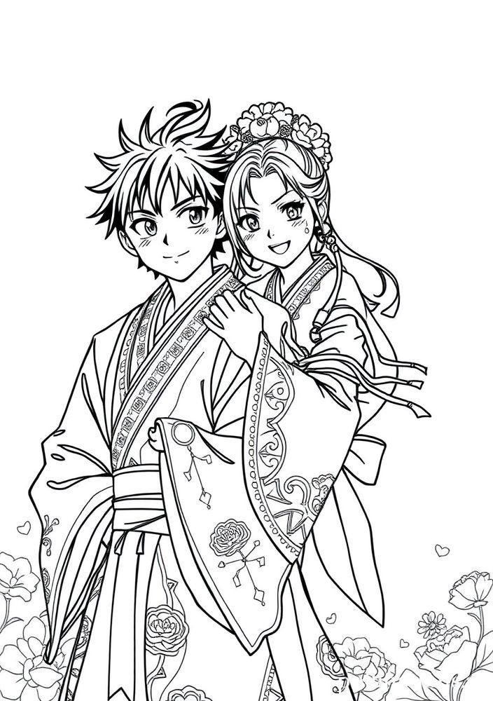 Desenho de Tanjiro e Nezuko juntos para colorir