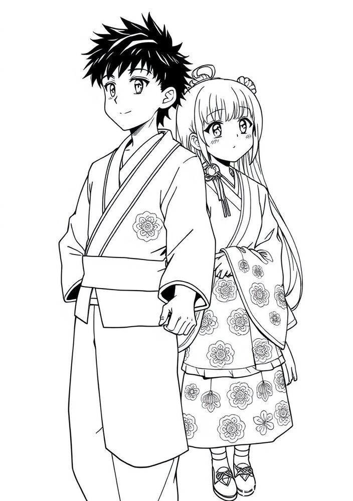 Desenho de Tanjiro e Nezuko juntos para colorir