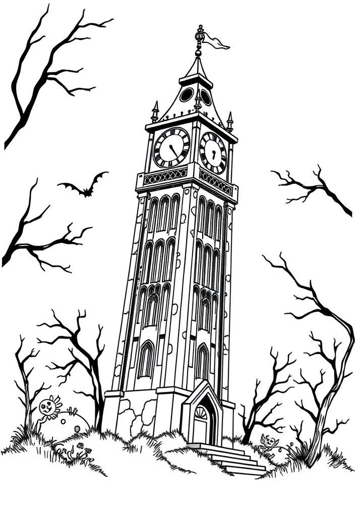 Desenho de Torre do Relógio Assombrada para colorir