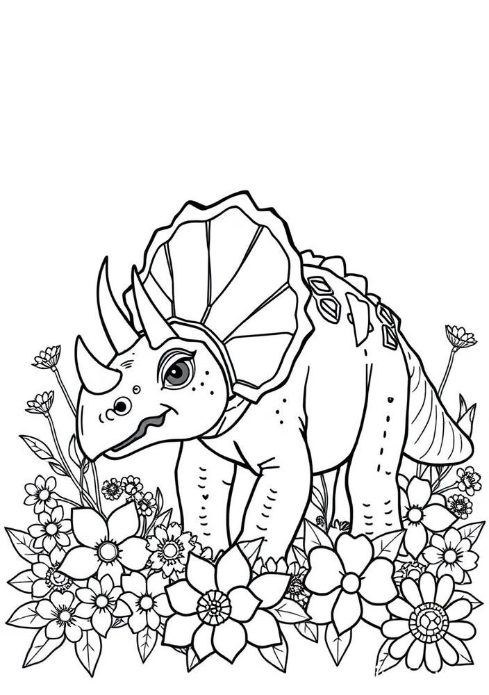 Desenho de Tricerátopo com flores para colorir