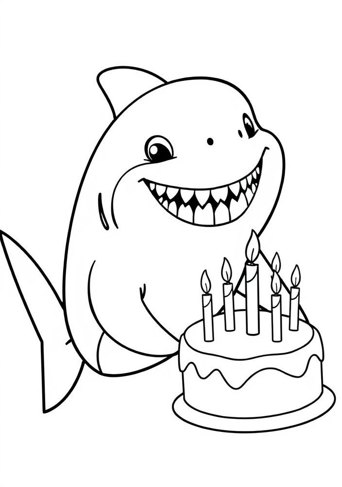 Desenho de Tubarão Sorridente com Um Bolo de Aniversário para Colorir