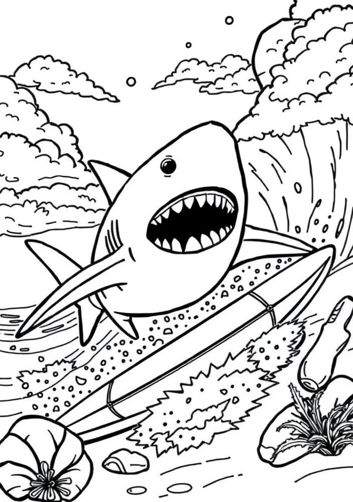 Desenho de Tubarão Surfista para colorir
