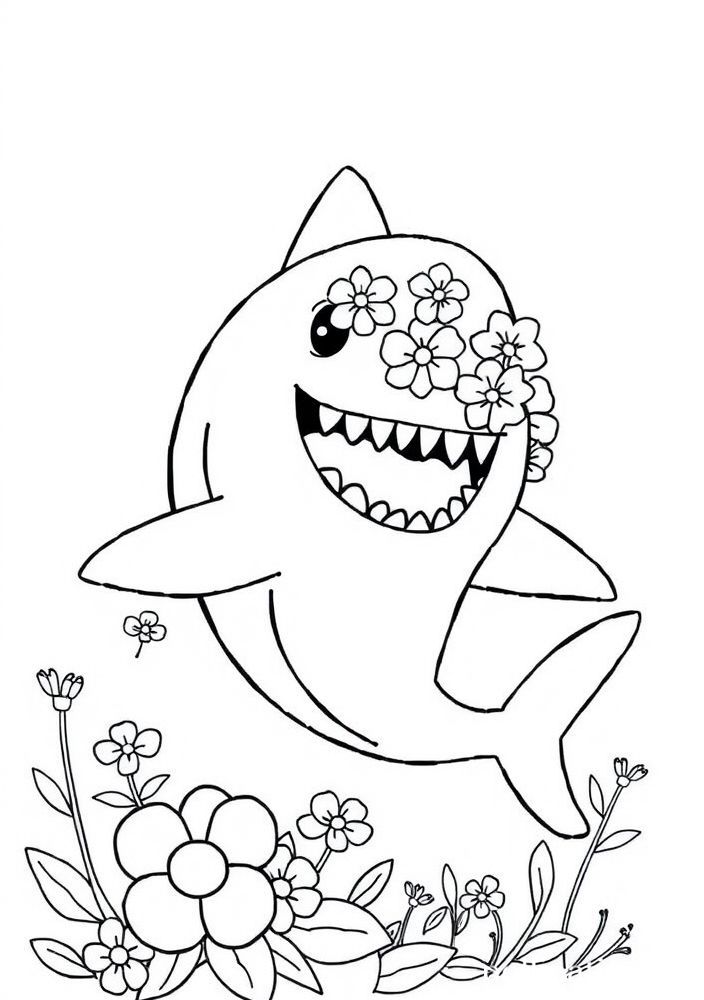 Desenho de Tubarão com Flores para colorir