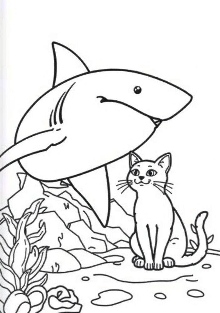 Desenho de Tubarão com um Gato de Praia para Colorir