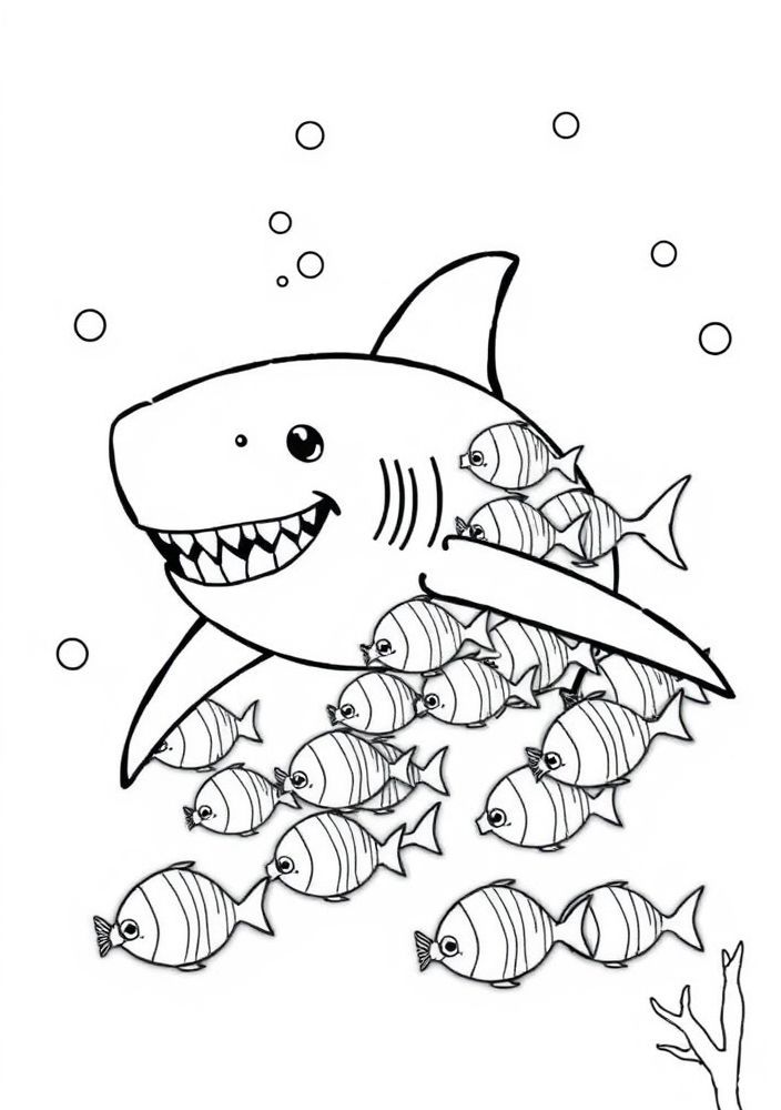 Desenho de Tubarão e Cardume de Peixes para colorir