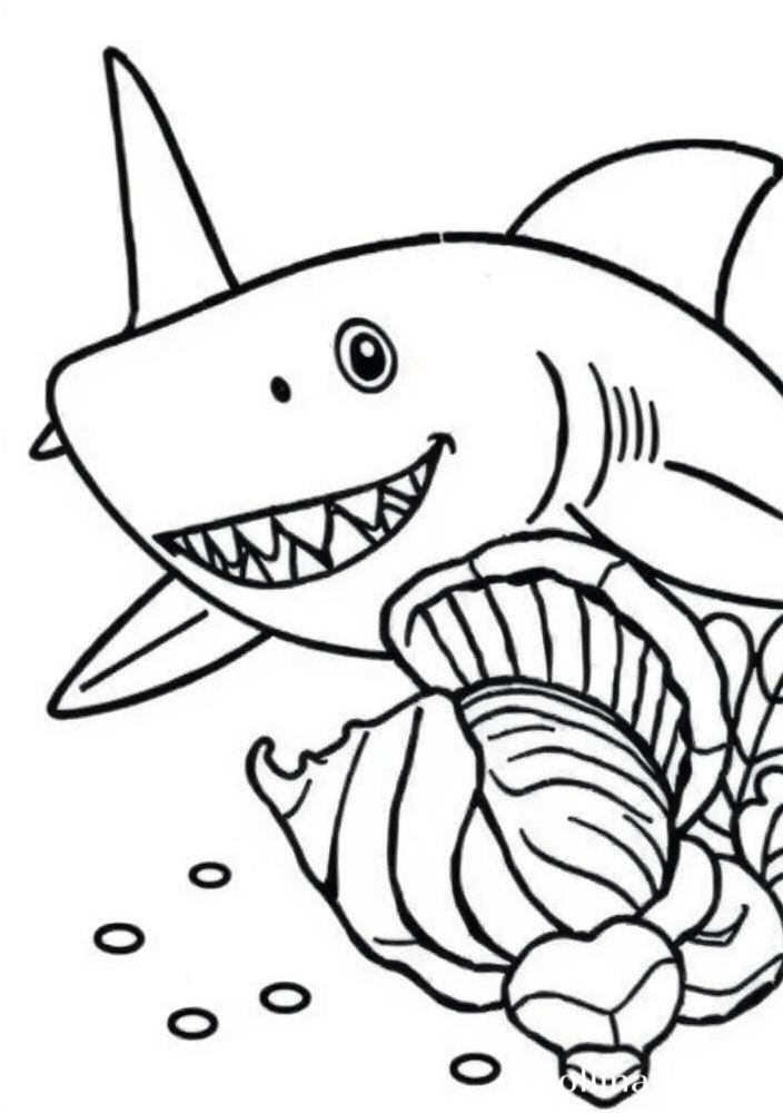 Desenho de Tubarão e Molusco na Praia para colorir